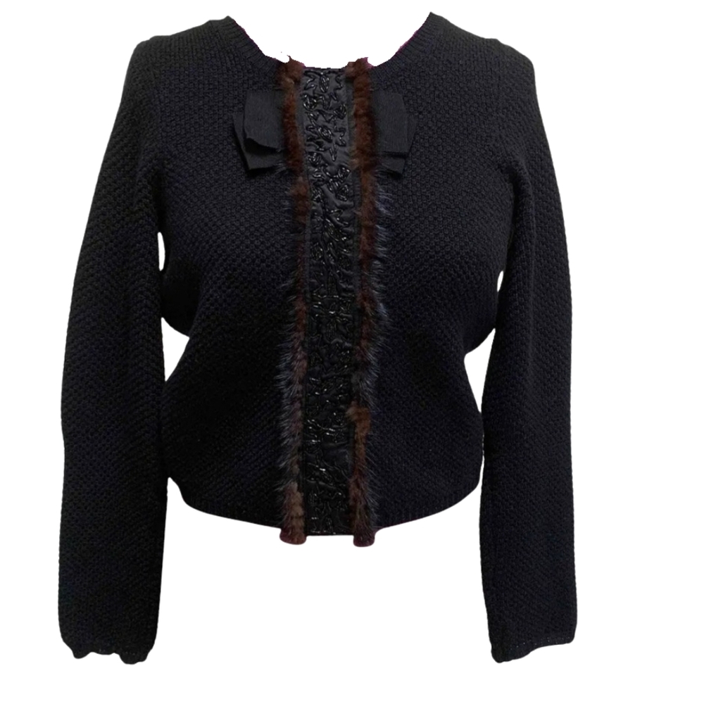 Tara Jarmon 100% Chic Wool Black Sweater with Ribbon Bow & Fur Accents🖤✨️